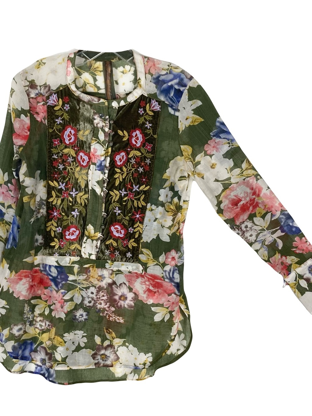 ARATTA SILENT JOURNEY Blouse XS Velour Floral Mandarin-Collar Long-Sleeve